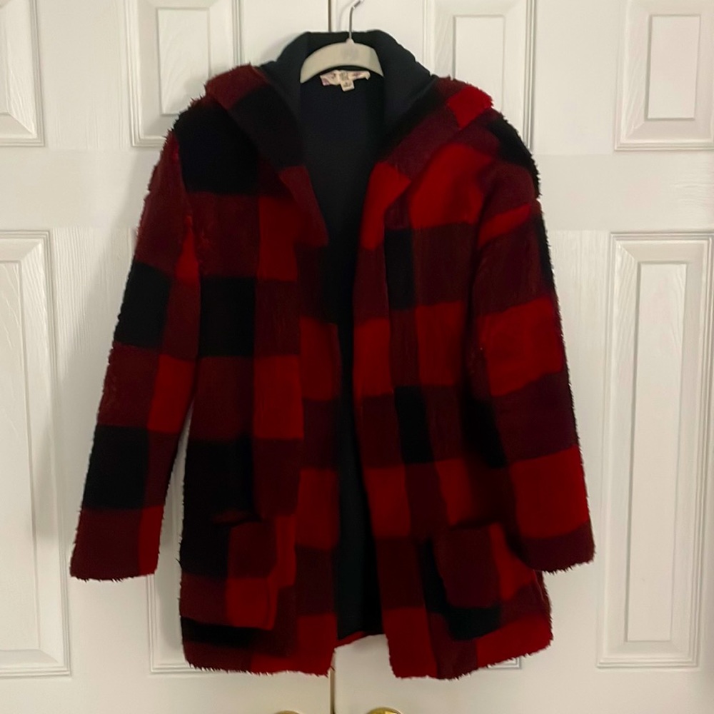SOLD! Red and Black plaid faux fur hooded jacket